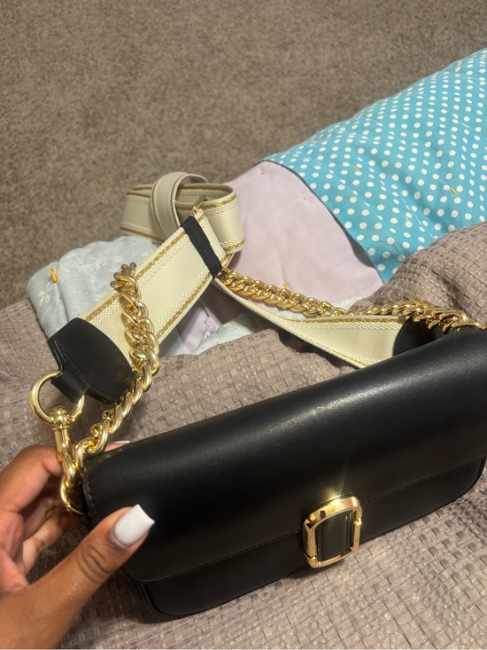 Handbags - Marc Jacobs Black Leather Crossbody with Gold Buckle and Cream Strap